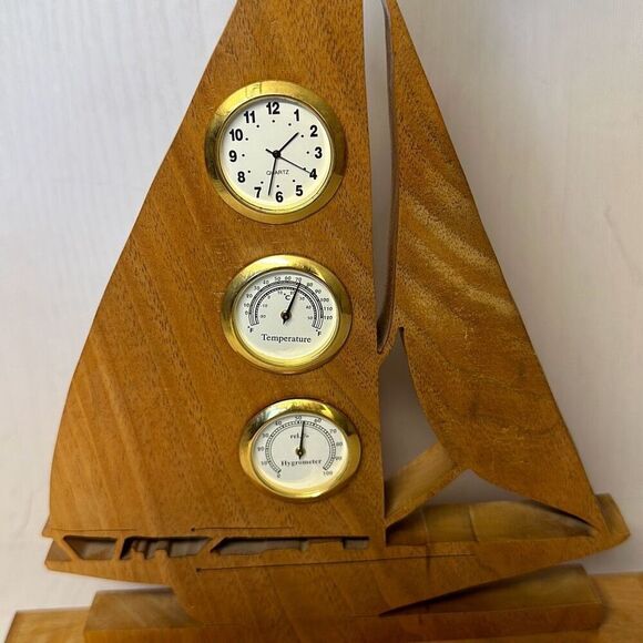 Wooden Cut Sailboat Ship Mantel Clock Temperature Hygrometer 11” - Picture 2 of 6